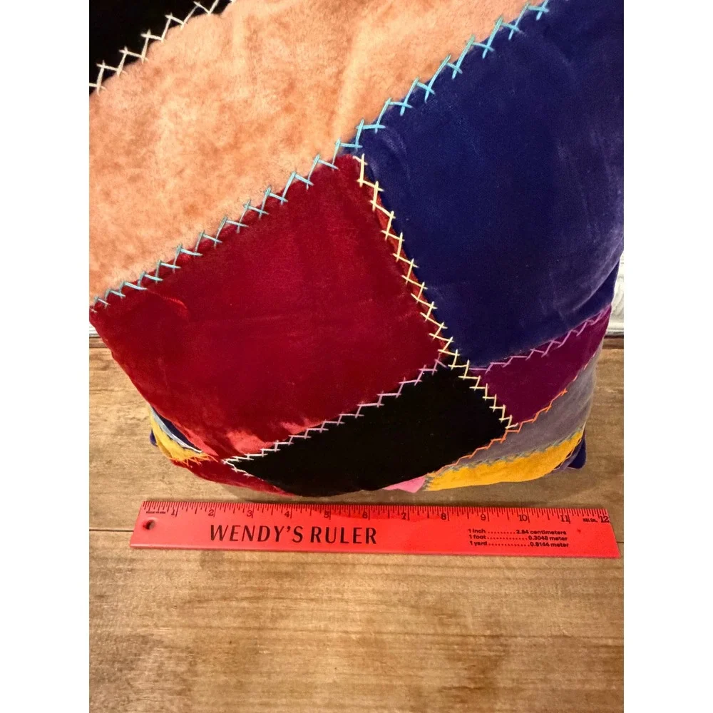 Bohemian Velvet Patchwork Throw Pillow Crazy Quilt Jewel Tone Cross Stitch 12x12